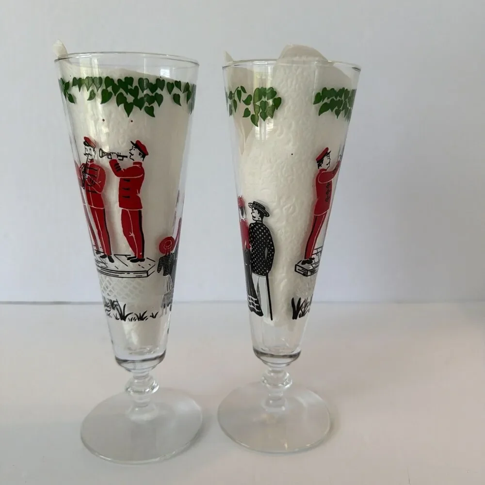 Vintage Pilsner Beer Glasses Pair Footed Barware Musicians Victorian Pub Tavern